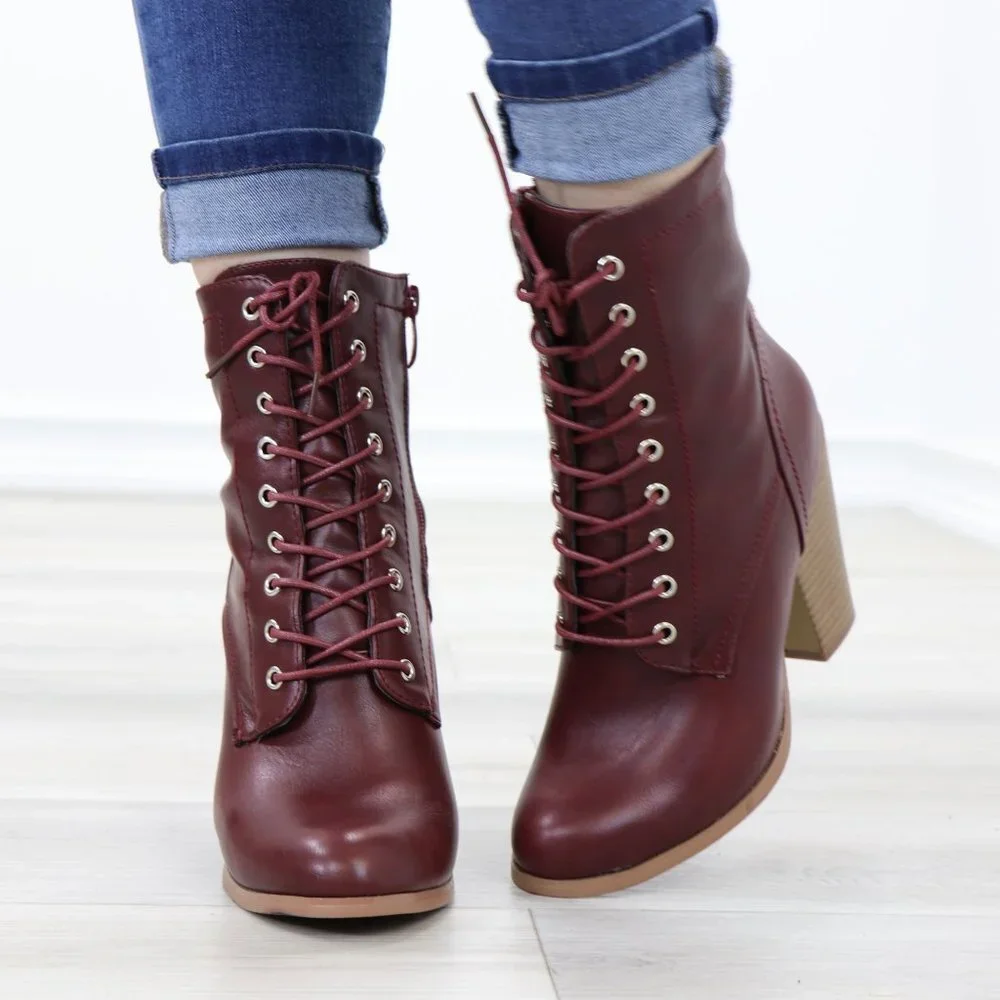 Lace-Up Block Cone High Heeled Ankle Boots Synthetic Leather - Picture 10 of 15